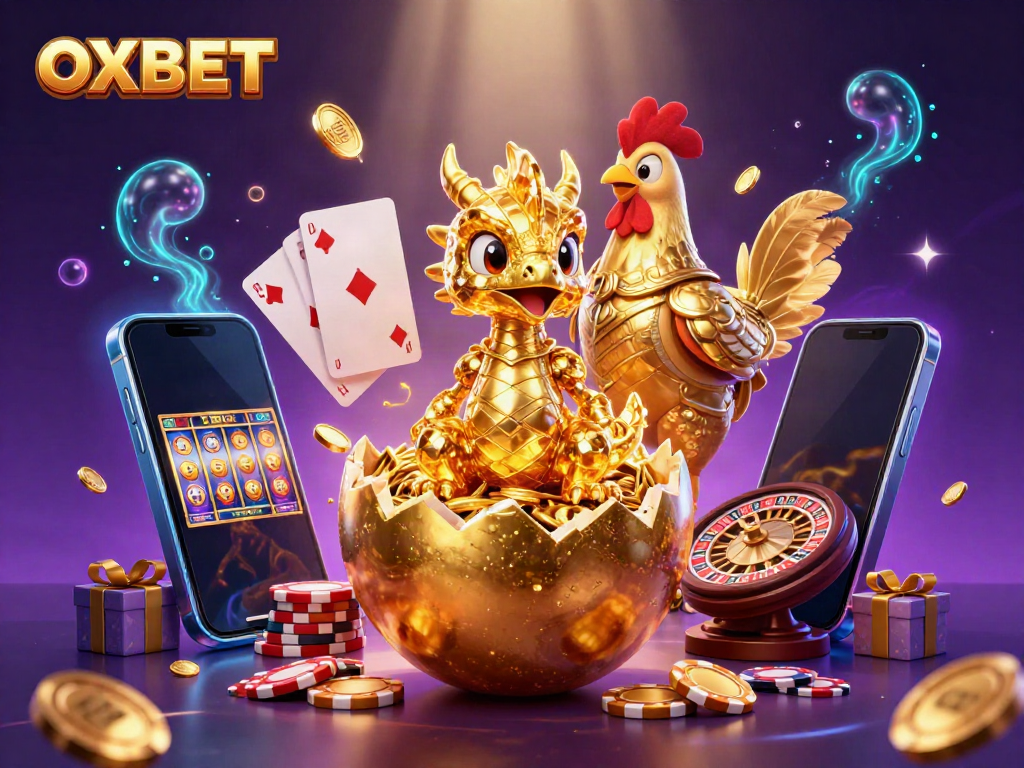 Experience the magic of OXBET through a golden dragon amidst vibrant casino elements and rich colors.