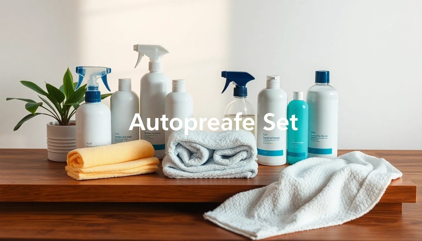 Das Autopflege Set auf einem eleganten Holztisch, ideal für die Fahrzeugpflege.