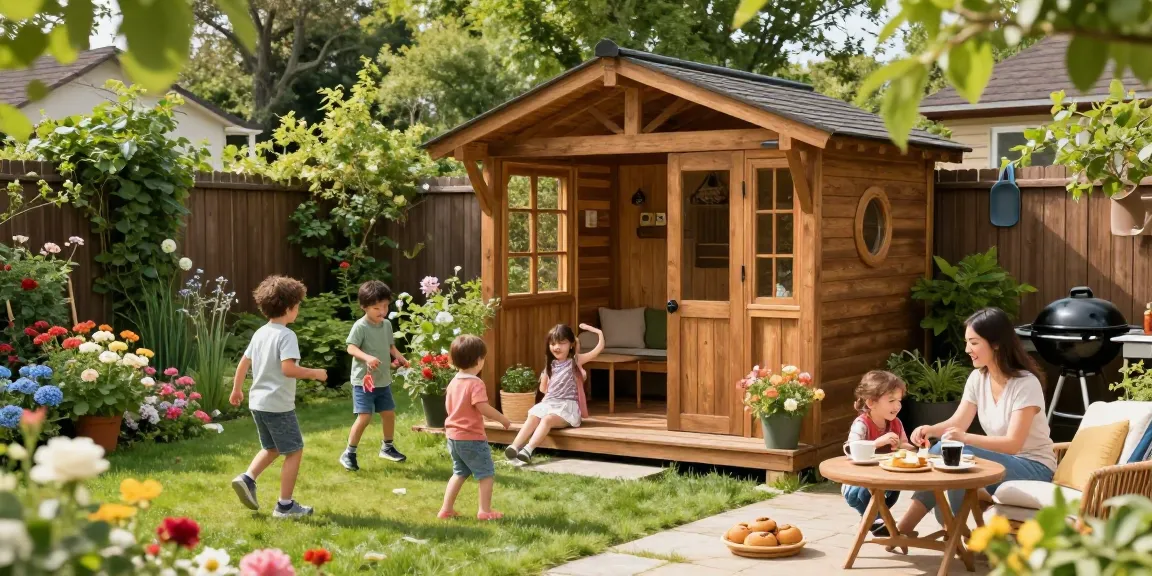 Gemütliches Gartenhaus aus Holz umgeben von blühenden Pflanzen, eine Familie genießt den Tag im Freien.