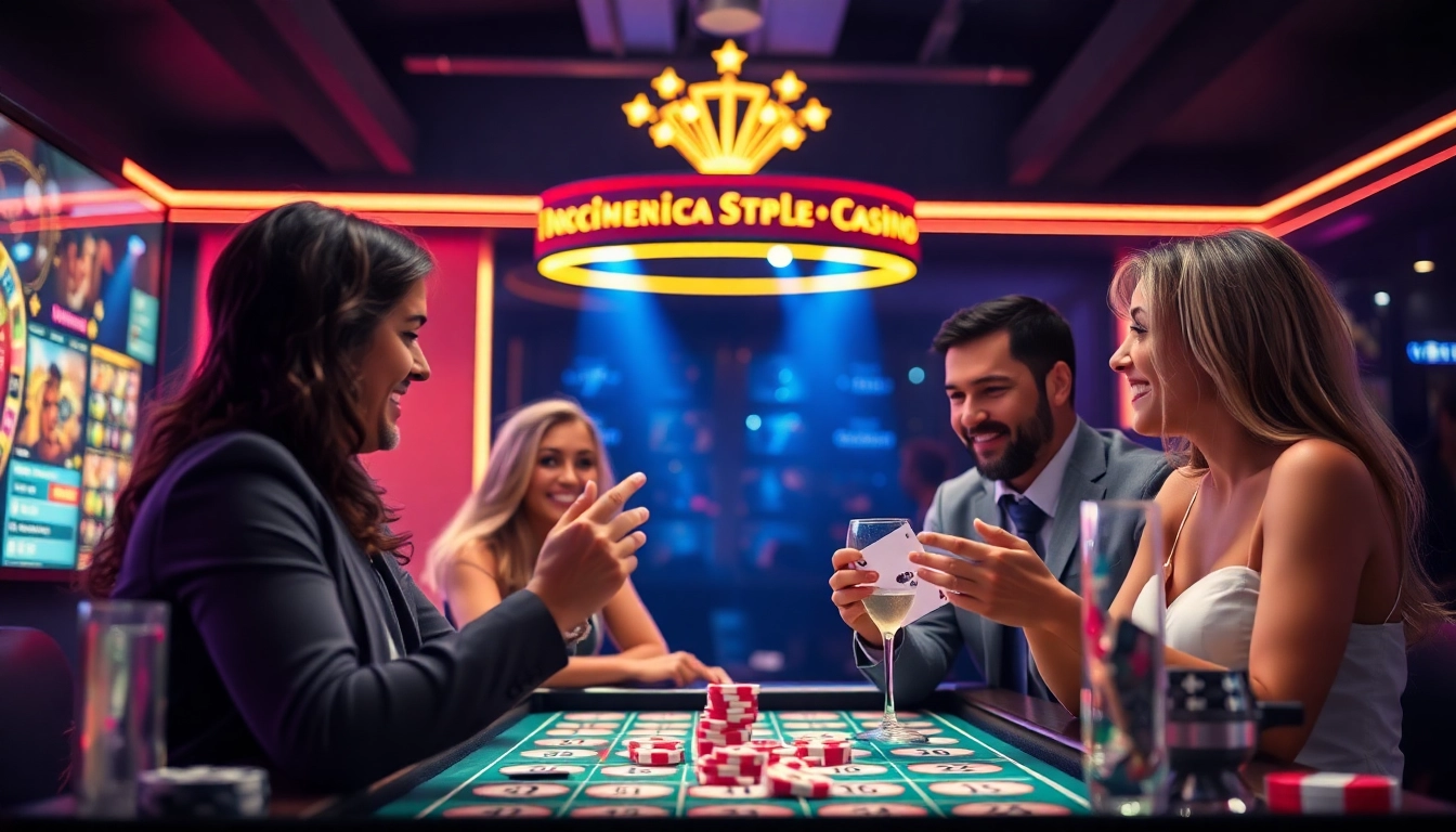 Play exciting games at this vibrant casino online featuring bright neon lights and happy players.