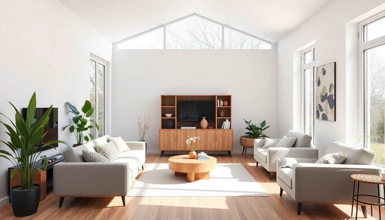 Raumgestaltung eines modernen Wohnraums mit harmonischem Licht und stilvollen Möbeln.