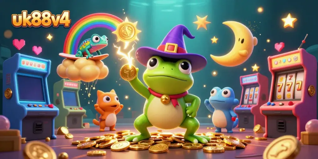 Engage with uk88v4's vibrant casino atmosphere, featuring a playful storm of golden coins and a chameleon on a cloud.