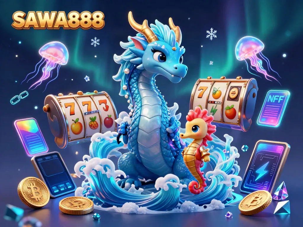 SAWA888 slots gameplay featuring a dragon and magical sea creatures in a vibrant 3D casino illustration.