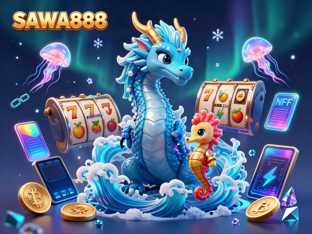 SAWA888 slots gameplay featuring a dragon and magical sea creatures in a vibrant 3D casino illustration.