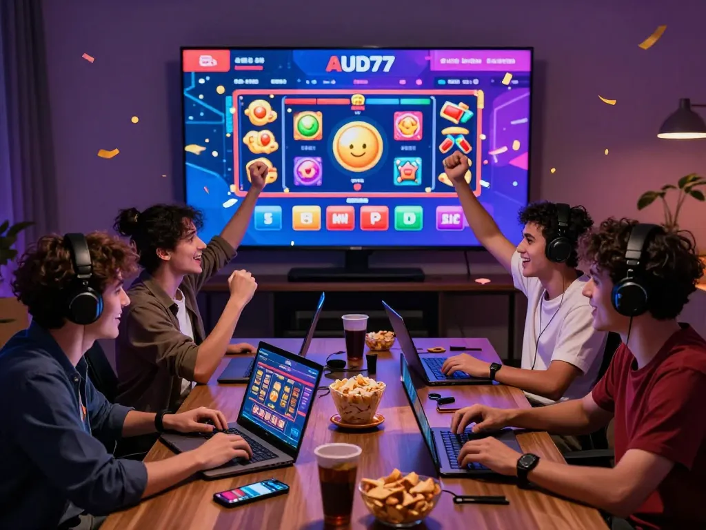 Excited players enjoying aud77 online gaming experience with vibrant visuals and interactive gameplay.