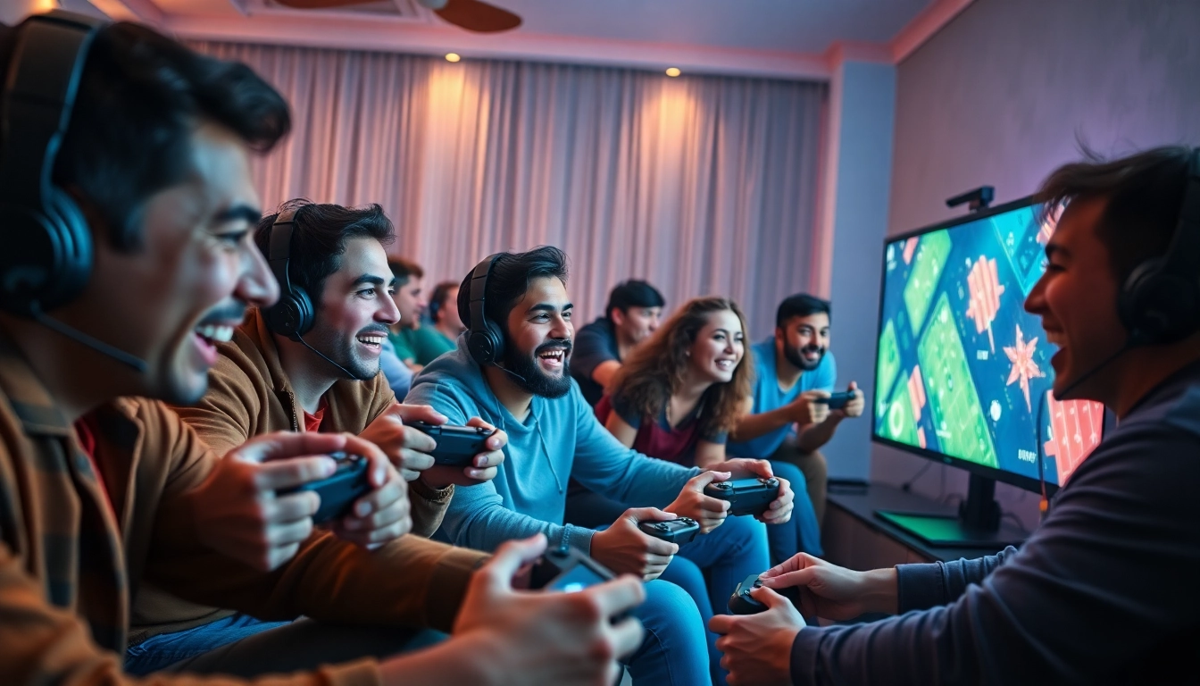 Erregende Spiele News in einer modernen Gaming-Szene mit Spielern und Konsolen