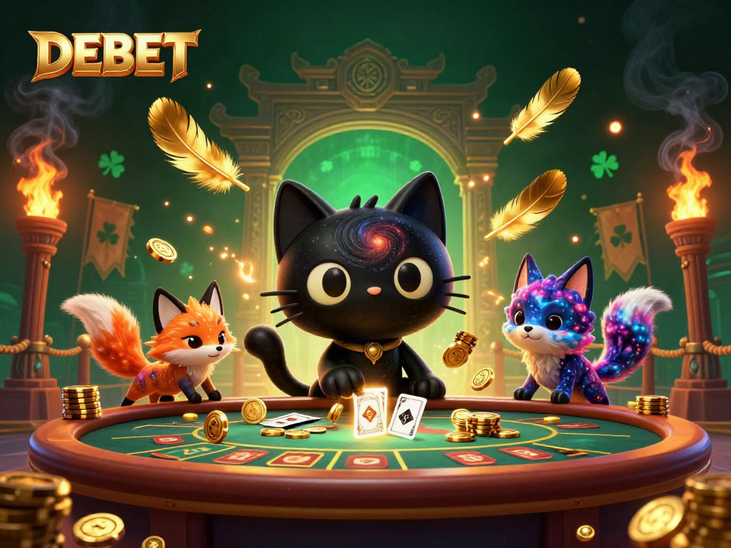 Experience the thrill of DEBET with a cosmic casino scene featuring a black hole cat and nebula fox.