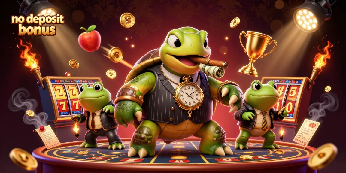 Experience the thrill of the no deposit bonus at a vibrant cartoon casino featuring a snapping turtle and bullfrog enforcers.