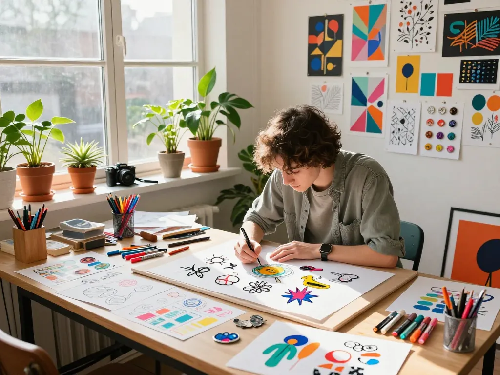 Creative artist designing individuelle pins in a bright studio.