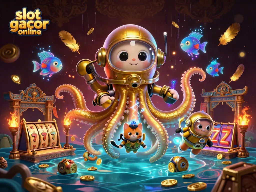 Experience exhilarating gameplay with slot gacor online in this vibrant illustration showcasing a kraken and diving cat.