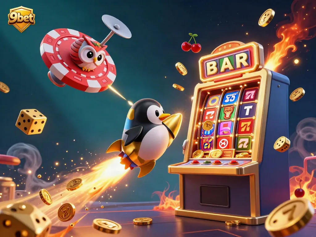 Experience thrilling gaming visuals with 9bet's dynamic digital casino scene of excitement and fortune.