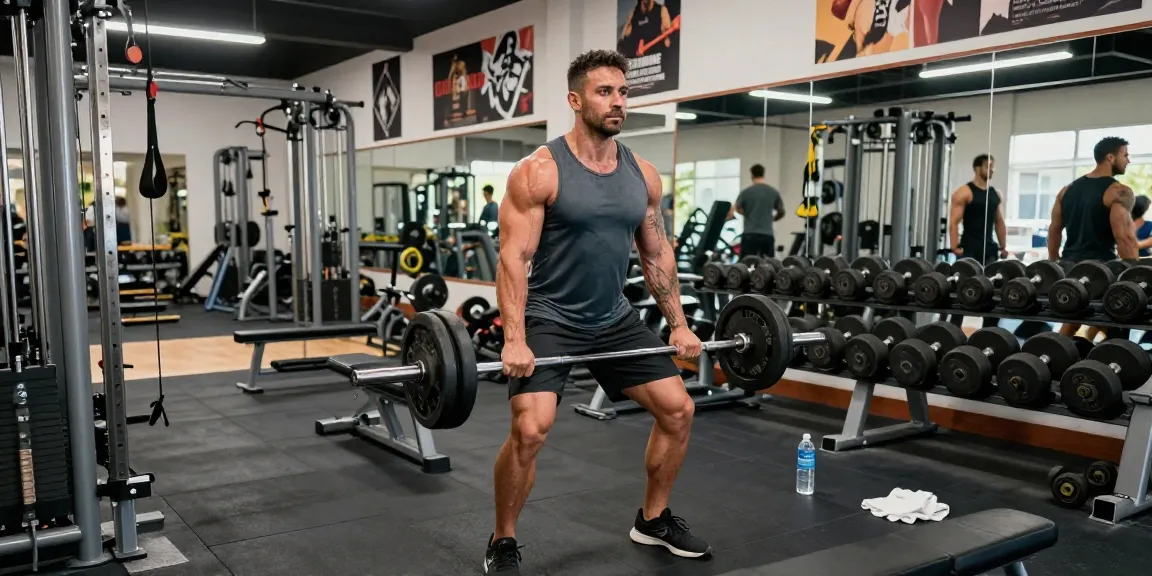 Muskelbepackter Mann trainiert im Fitnessstudio Anabolika Shop Deutschland, konzentriert auf das Heben von Gewichten, umgeben von Fitnessgeräte, motivierende Trainingsatmosphäre.