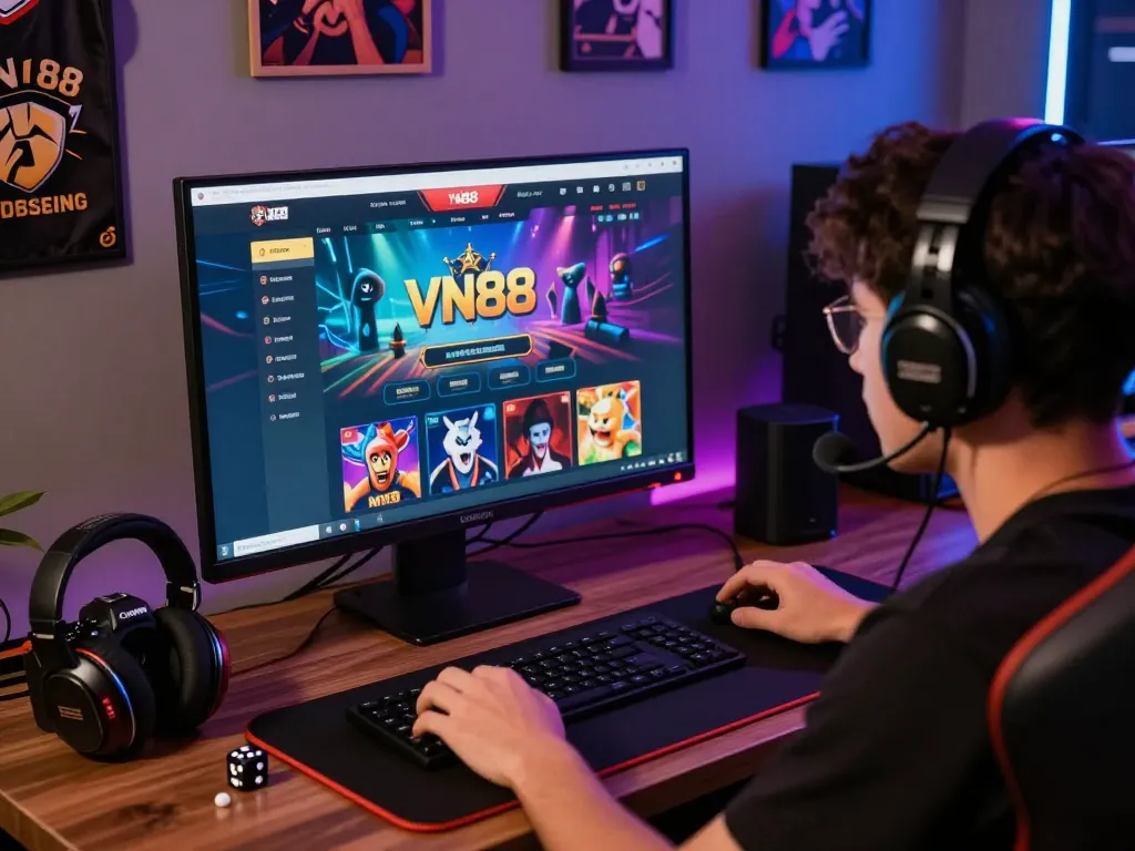 Engaged player at VN88 online gaming site, showcasing immersive experience with dynamic setup and vibrant atmosphere.