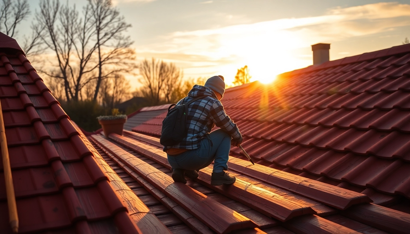 Verbessern Sie Ihr Zuhause mit Kohaut Bedachungen – Handwerker reparieren ein Ziegeldach im Sonnenlicht.