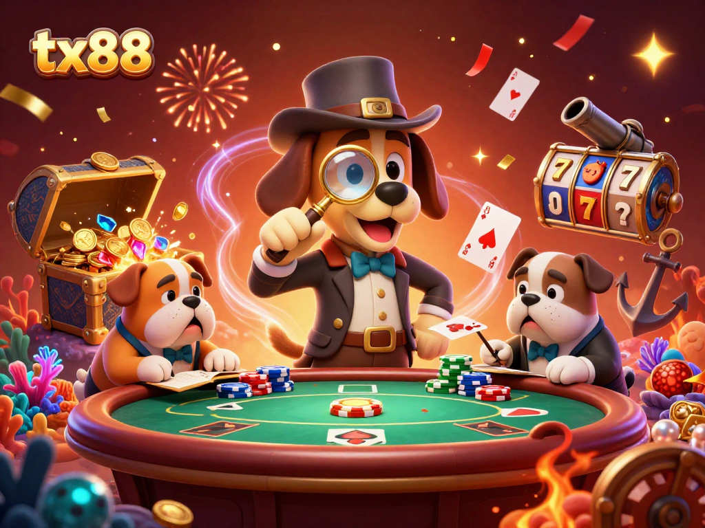 Join tx88 in this vibrant casino scene, where a detective and his bulldog unravel gaming clues.