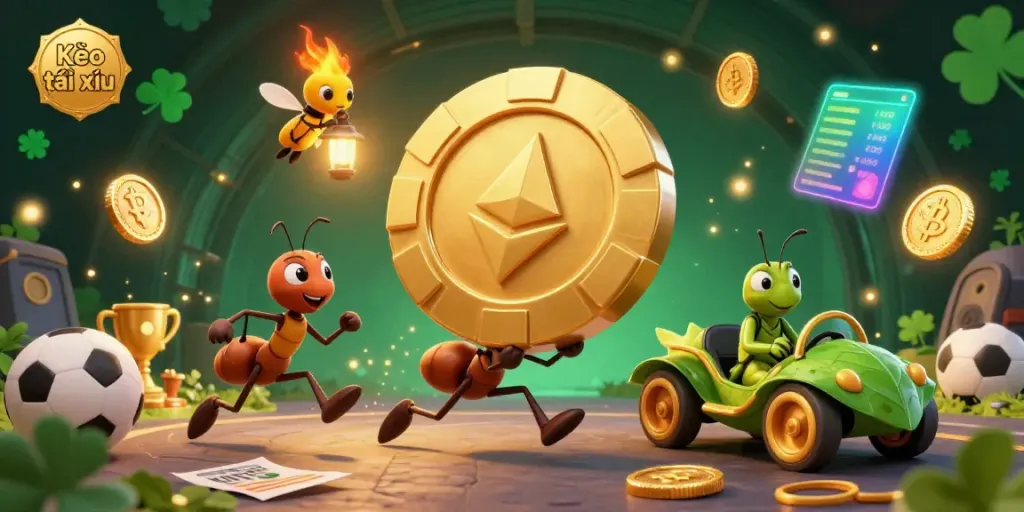 Experience the thrilling world of Kèo tài xỉu as ants heist a giant poker chip amidst dynamic sports betting elements.