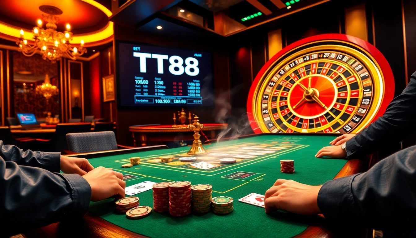 Engage in thrilling poker action at TT88 with vibrant chips and cards on a luxurious table.