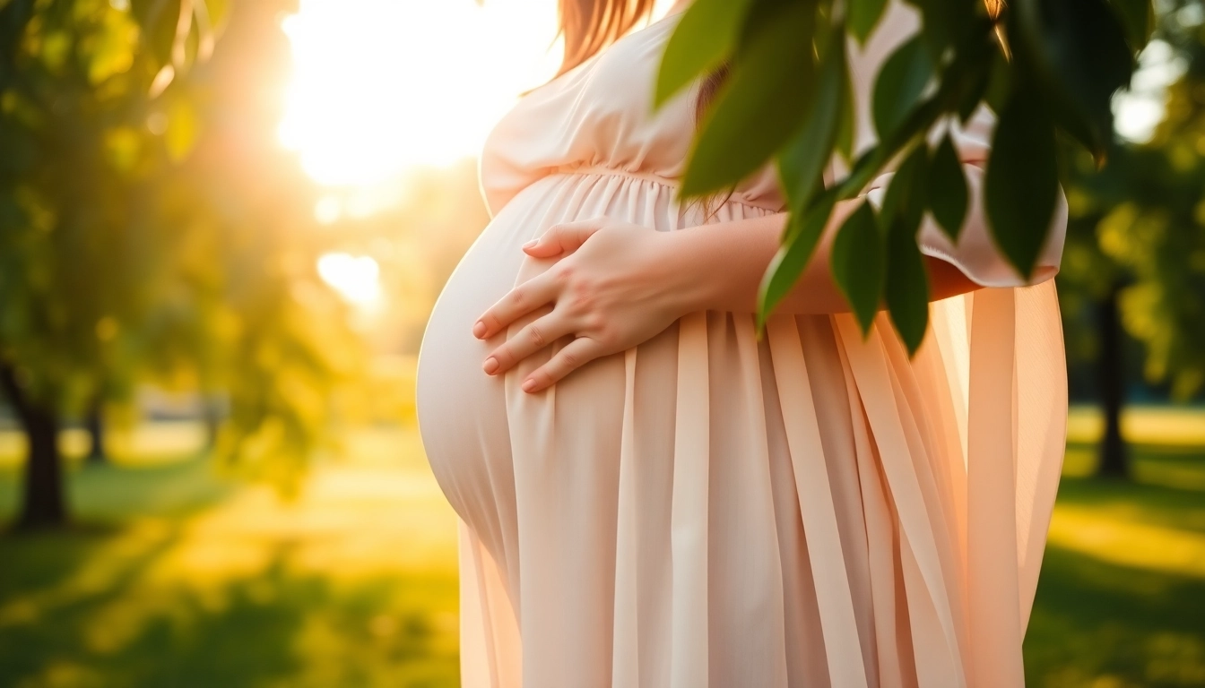 Kreative Babybauch Fotografie einer schwangeren Frau in einem natürlichen Umfeld.