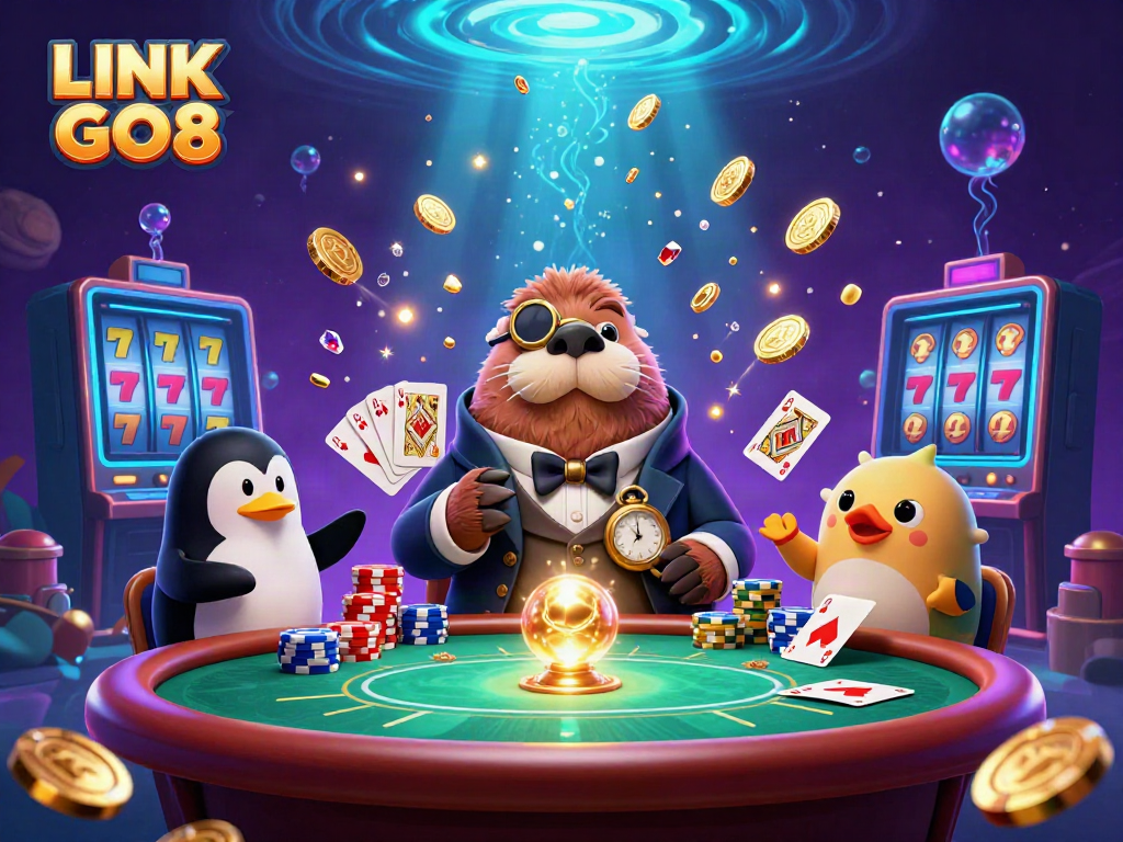 Experience the thrill of LINK GO8 as the jolly walrus plays poker in an underwater casino scene.