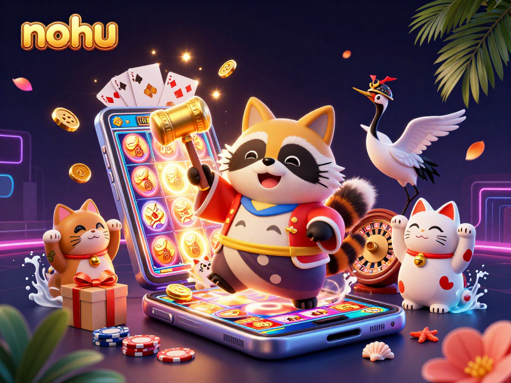 Nohu symbols come to life as the cheerful tanuki and friends celebrate casino luck.