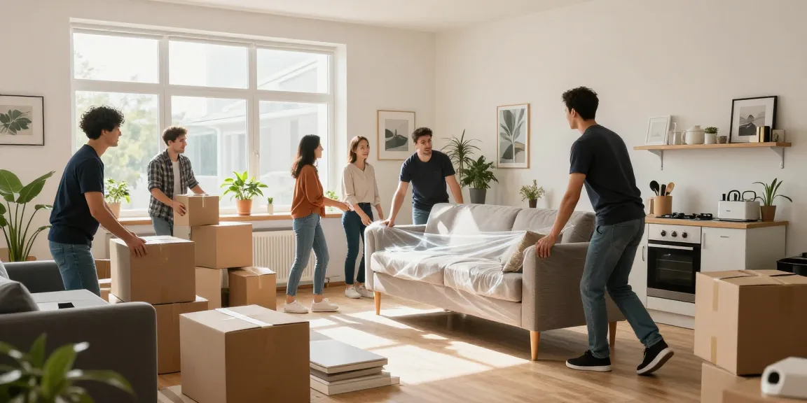 Umzugsunternehmen Darmstadt, professionelles Umzugsteam packt Möbel und Kartons in modernem Apartment, freundliche Atmosphäre.