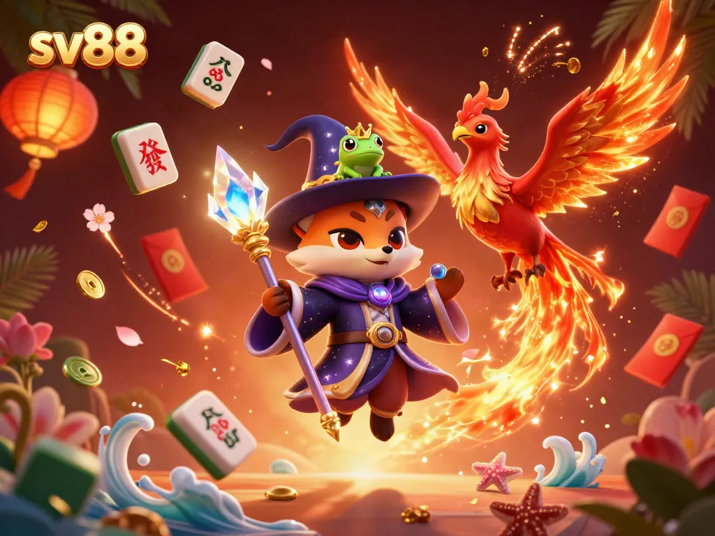Experience the thrill of sv88 with a mystical wizard fox and vibrant casino elements.