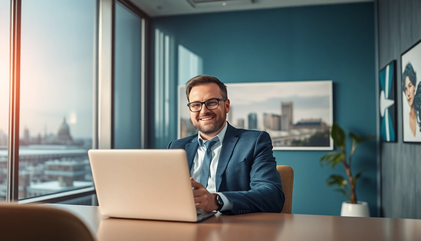Headhunter Kiel bei der Arbeit in einem modernen Büro, freundlich und kompetent.