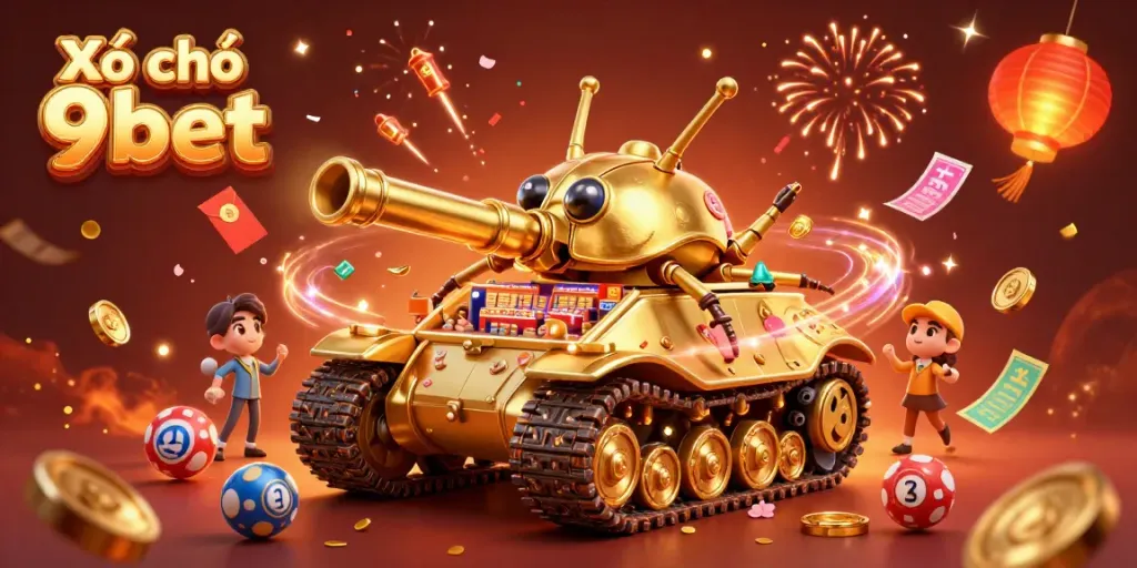 Engage with Xổ số 9bet through dynamic lottery gaming and confetti, capturing players' excitement in a vivid scene.