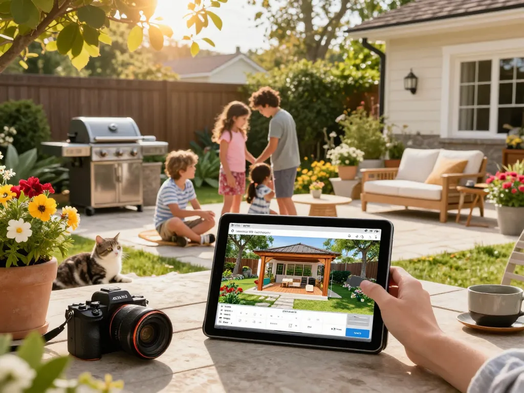 Die Familie nutzt einen Veranda 3D Konfigurator, um ihren perfekten Außenbereich in einem lebhaften Garten zu gestalten.