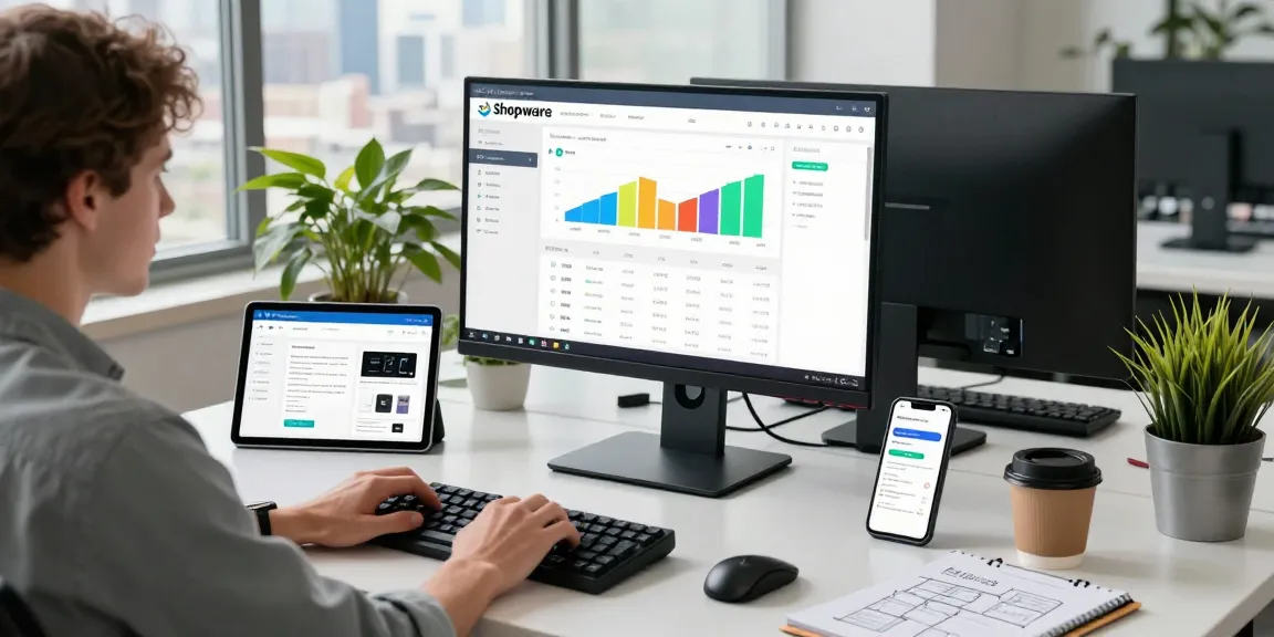 Shopware-Freelancer, der sich auf E-Commerce-Lösungen in einem modernen Arbeitsumfeld mit analytischen Tools und Design-Mock-ups konzentriert.