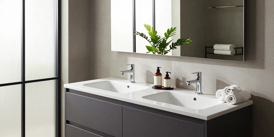 Modern badkamer meubel in een elegant ontworpen badkamer met stijlvolle decoratie en natuurlijk licht.