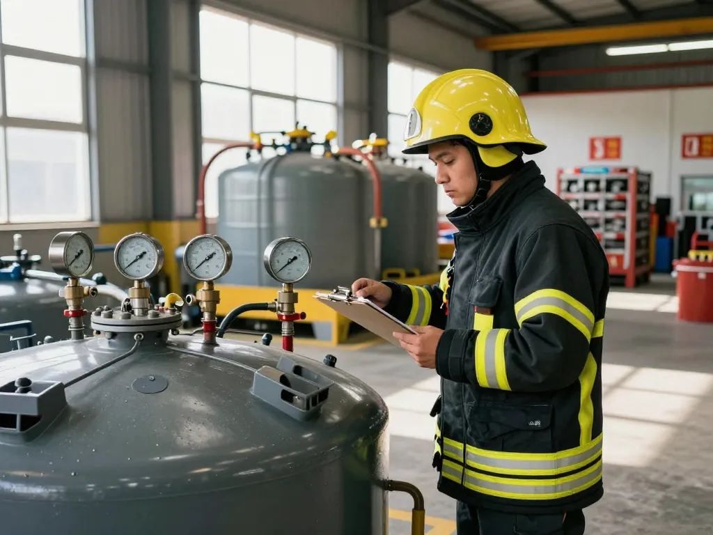 Löschwasserzisterne für Lagerhalle im Einsatz, die Sicherheitsinspektionen und Einsatzbereitschaft der Brandbekämpfung mit Zisternen in einem Industriewarenlager hervorhebt.