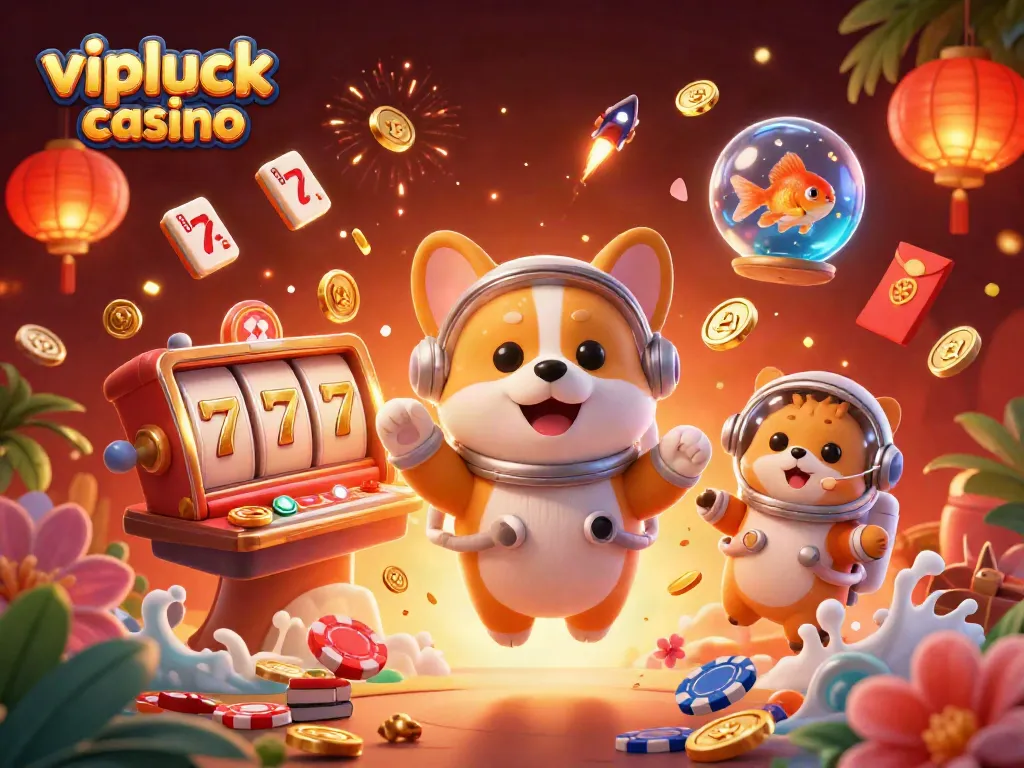 Experience the thrill of vipluck casino with lively characters and exciting game elements in a dynamic 3D scene.