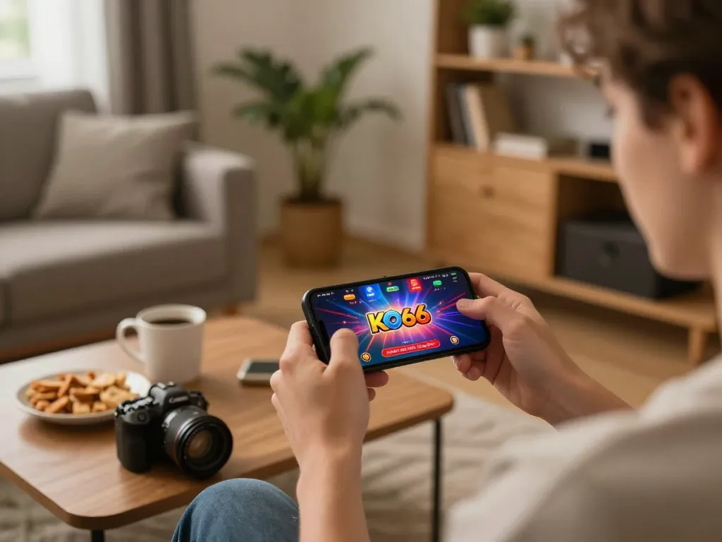 Người chơi tương tác với ứng dụng casino KO66 trên smartphone trong không gian ấm cúng của ngôi nhà