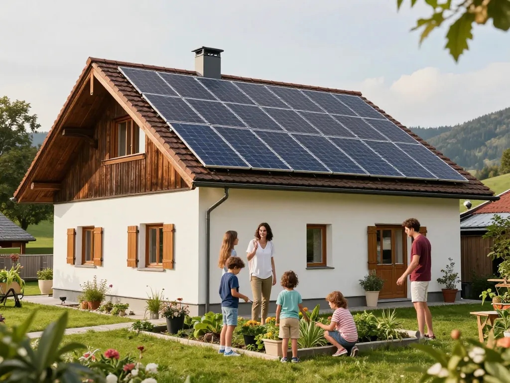 Photovoltaik Bayern nachhaltiges Zuhause mit Familie, die über Solaroptionen und Energieeffizienz diskutiert.