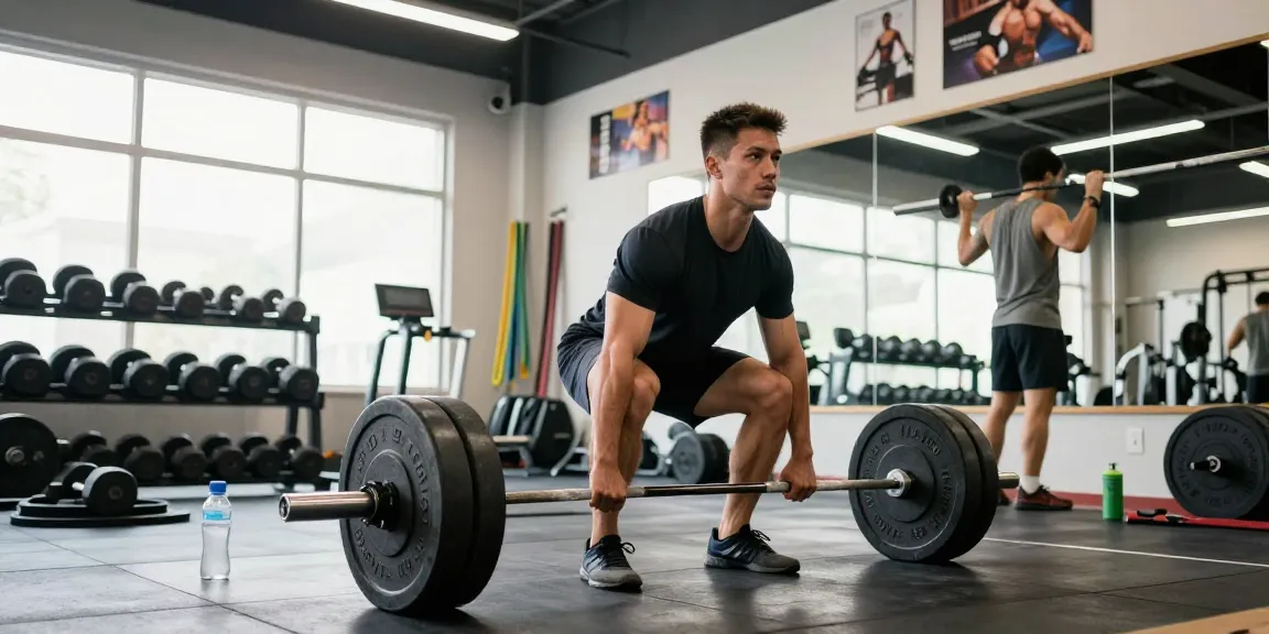 Aktiver Athlet im Anabolika Shop beim Deadlifts; Fitnessstudioszenen mit Motivation und Ausdauer