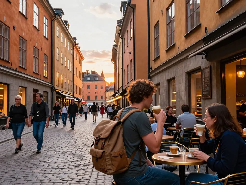 Reisetipps Stockholm: Reisender genießt die lebendigen Straßen und lokalen Cafés im charmanten Gamla Stan.