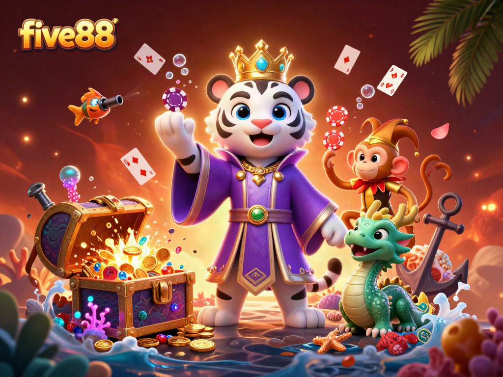 Experience five88 excitement with vibrant characters and dynamic casino elements in a thrilling 3D illustration.