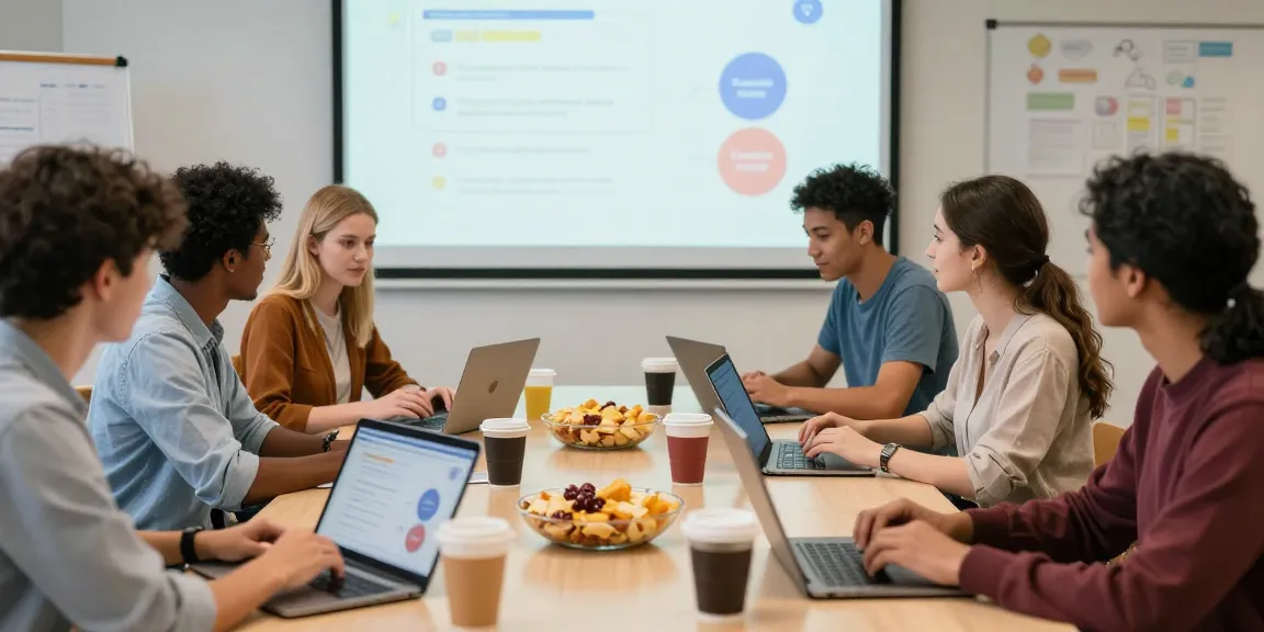 Quiz Allgemeinwissen Teilnehmer in einer interaktiven Lernumgebung, die mit Tablets und Laptops aktiv Fragen beantworten.