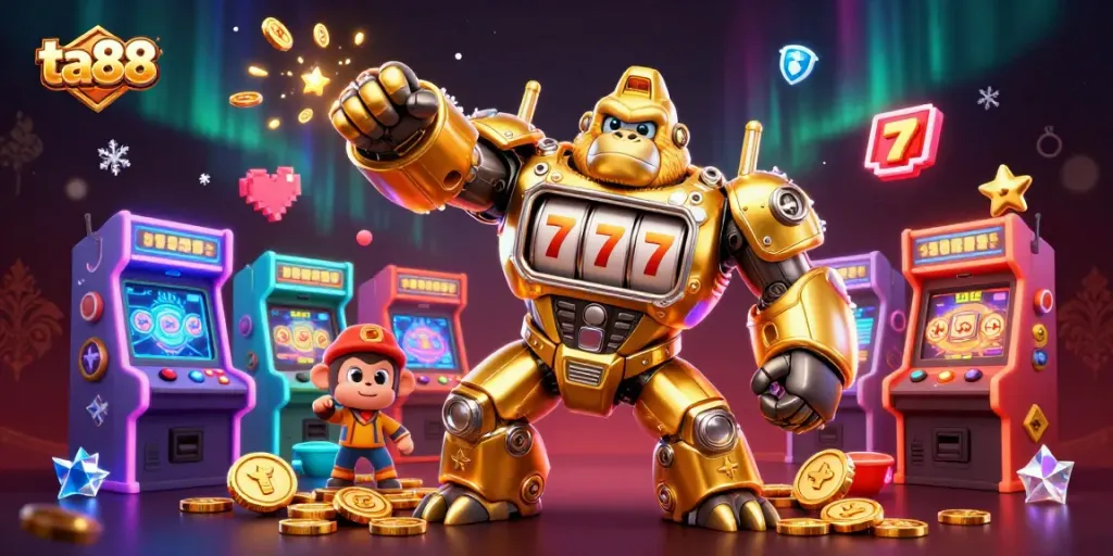 Engage in thrilling gaming at ta88 casino with a vibrant 3D scene of a golden gorilla mech, showcasing slot elements and joyful chaos.