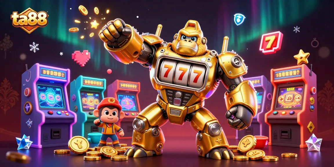 Engage in thrilling gaming at ta88 casino with a vibrant 3D scene of a golden gorilla mech, showcasing slot elements and joyful chaos.