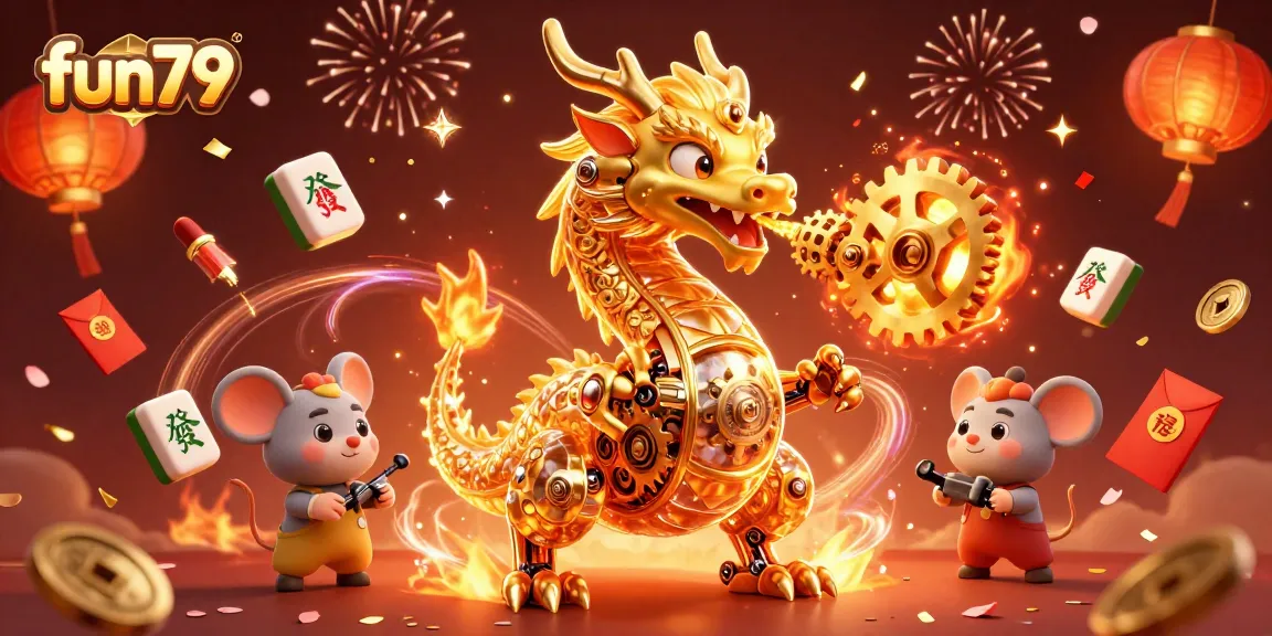 Experience thrilling entertainment with Fun79's vibrant casino scene featuring a golden dragon amidst festive elements.