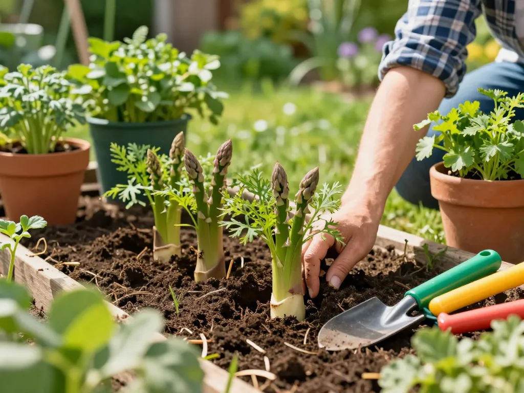 grüner spargel pflanzen kaufen, gardener planting Gijnlim asparagus seedlings in a bright spring garden.