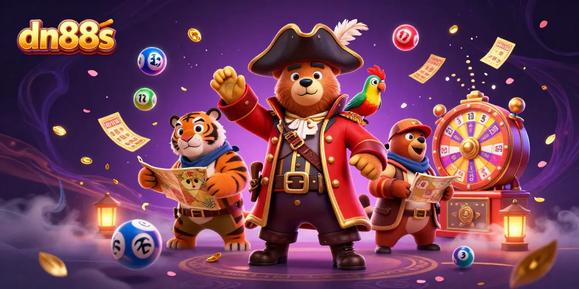 Engage in thrilling lottery action with dn88s as cartoon characters spin vibrant prizes amidst magical energies.