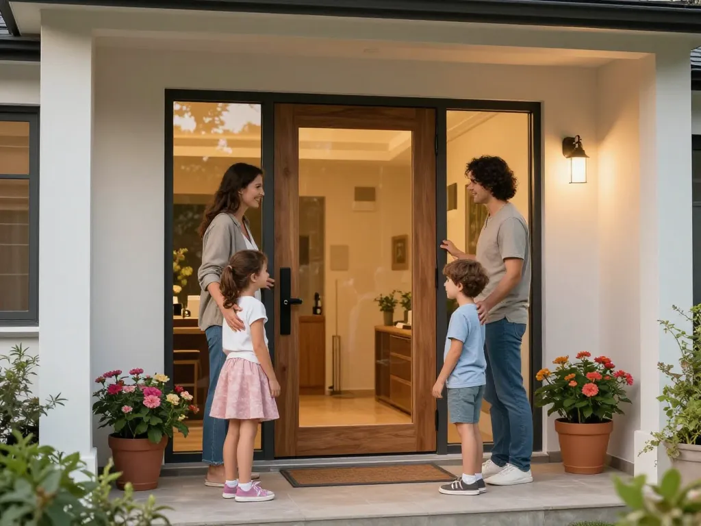 Familie am stilvollen Haustür-Eingang willkommen heißen, modernes Design präsentieren.
