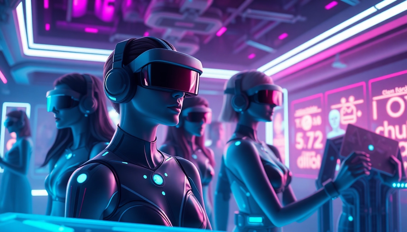 Porn AI chat immersive virtual reality scene with digital avatars and neon accents