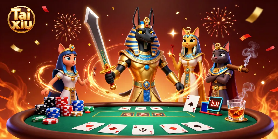 Experience exciting Tai xiu gameplay with ancient Egyptian warriors battling over the poker table.