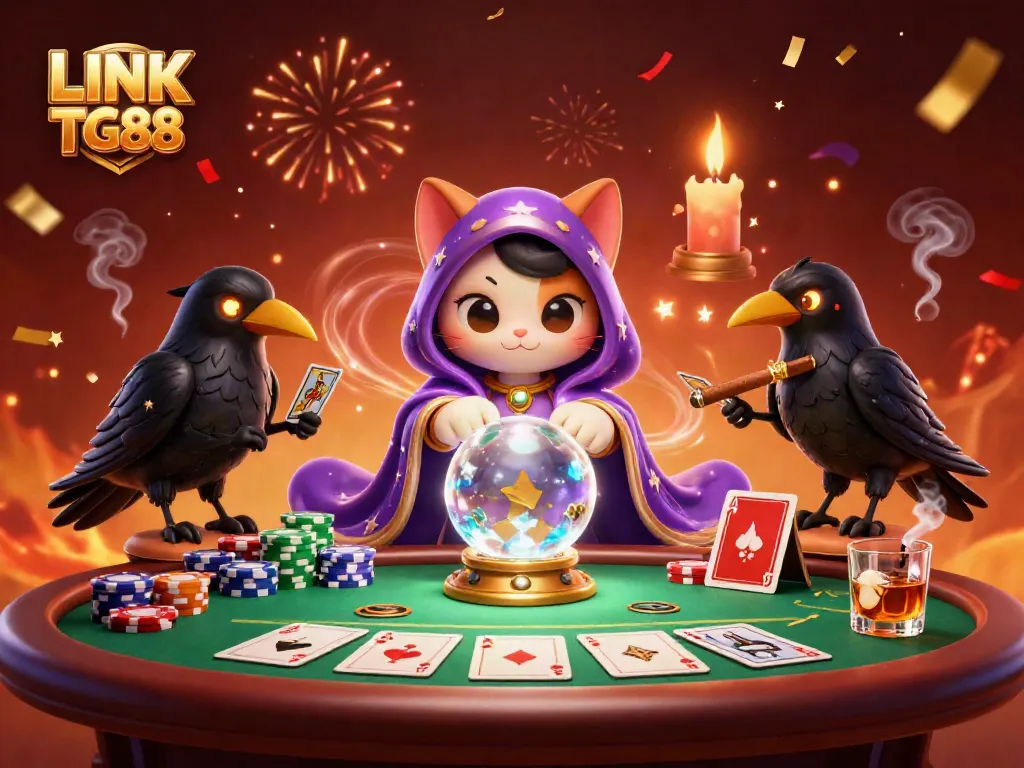 Engage with LINK TG88's thrilling casino adventure featuring a mystical cat and raven in a vibrant scene.