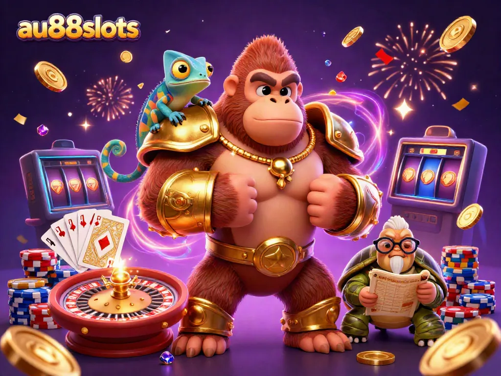 Experience thrilling wins at au88slots with a powerful gorilla king and vibrant casino elements.