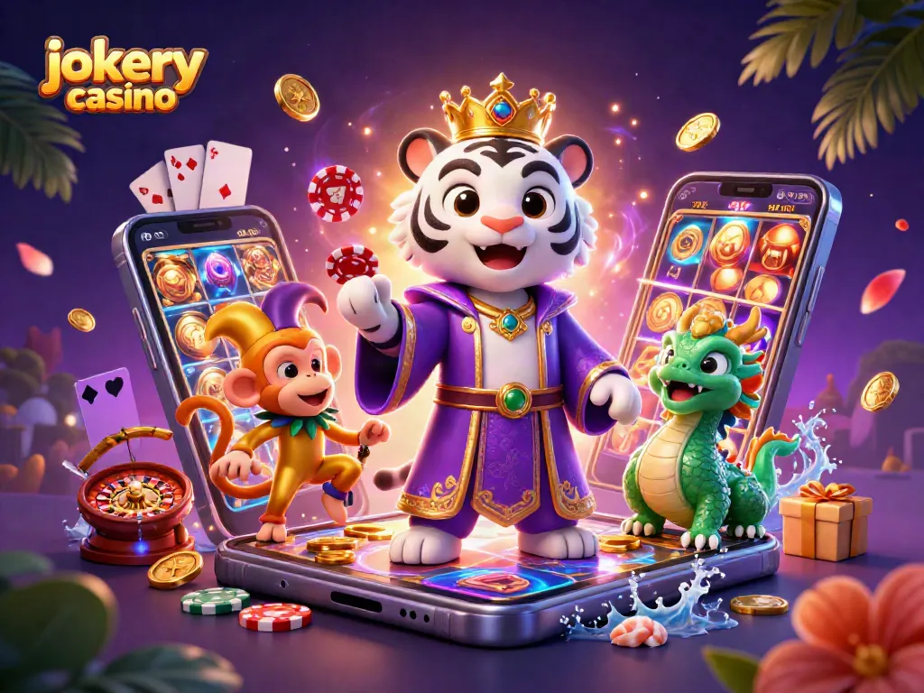 Engage with the excitement of jokery casino, featuring a tiger, monkey, and dragon in a vibrant 3D illustration.